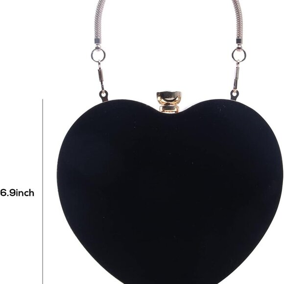 Womens Heart Shape Evening Bag Purse Velvet Party Tote Mini Handbag Clutch Chain - Picture 2 of 6